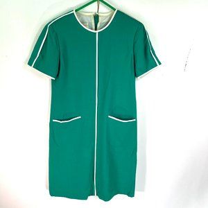 VTG 60-70’s California Design Linen House Pocket Dress Sz L Green Shoulder Pads